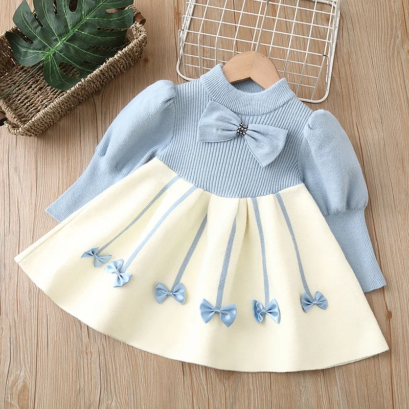 FOCUSNORM 3 Renkler Çocuklar Kız Sonbahar Kış Tatlı Elbise 2-7Y Uzun Puf Kollu Örme İlmek A-Line Kazak Elbise