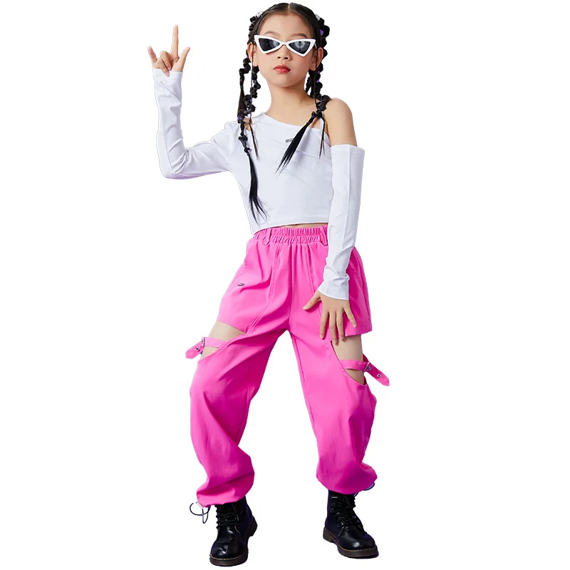 Yeni Caz Dans Kostümleri Çocuklar İçin Beyaz Kırpma Üstleri Gevşek Pembe Pantolon Streetwear Balo Salonu Hip Hop Dans Performansı Giyim DN13877