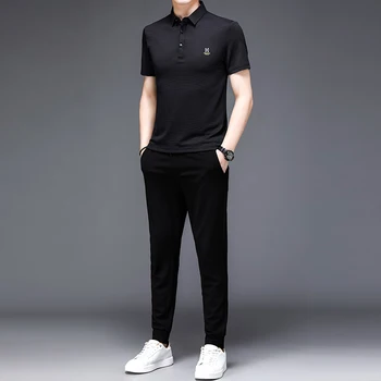 Minglu Yaz Ince erkek polo gömlekler Setleri Lüks Düz Renk Spor Rahat Baskılı Erkek Takım Elbise Moda Elastik Bel erkek pantolonları