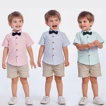 2023 Yaz Yeni Çocuk Beyefendi Resmi Parti Elbise Bebek Erkek Takım Elbise Kravat Şerit Gömlek Şort İki parçalı Çocuk Giysileri Erkek 0-7 Yaşında