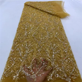Altın destek bezi şube tasarım premium boncuk tüp el işlemeli kumaş Kore dantel Nijerya kumaş