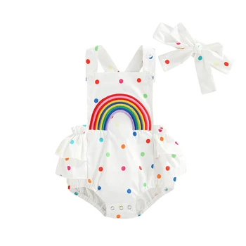 Bebek Bebek Kız Yaz Rahat Romper Kolsuz Nokta ve Gökkuşağı Baskı Tulum + Kafa Bandı Rahat Kıyafetler
