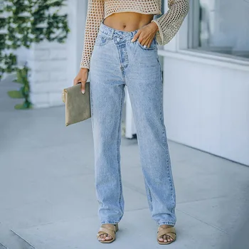 Bahar 2022 Moda Yeni kadın Giyim Pantolon Yüksek Bel Vintage rahat pantolon Yıkama Mavi Streetwear Düz Bacak Yırtık Jean