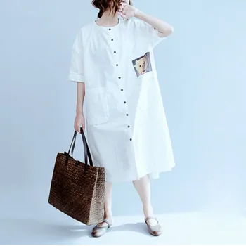 Yeni yaz Artı Boyutu gevşek Karikatür baskı Elbise Kawaii Ayı Büyük Cepler Sevimli Baskı Beyaz kısa kollu gömlek Elbiseler