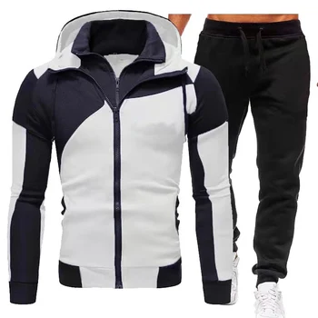 Erkekler Eşofman Set Bahar Sonbahar Uzun Kollu Hoodie Fermuar Koşu Pantolon Patchwork Spor Run Suit Casual Giyim Spor