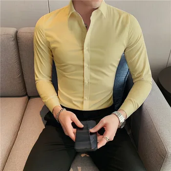 Erkekler Moda Rahat Uzun Kollu Düz Renk Gömlek Süper Slim Fit Erkek Sosyal İş Elbise Gömlek Marka Erkek rahat elbise Bluz