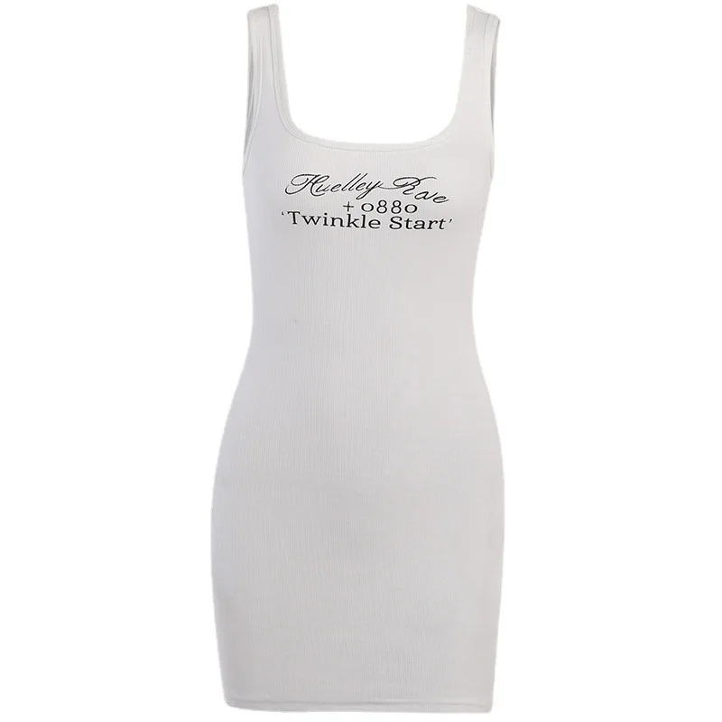 Mektup Baskı Nervürlü Tankı Elbise Kız Y2k Kıyafetler yaz giysileri Kadınlar için 2023 Kolsuz Bodycon Mini Elbiseler yaz elbisesi