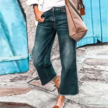 Rahat Yüksek Bel Gevşek Geniş Bacak Pantolon Kadınlar için 2023 Yeni Moda Kot Pantolon Bayanlar Düz Uzun Pantolon Streetwear