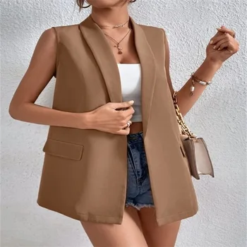 Kadın Yelek Uzun Slim Fit Kolsuz Ceket Zarif Sokak Stili Moda Bayanlar Kahverengi Tank Top