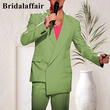 Bridalaffair Açık Yeşil Butik (Blazer + Pantolon)erkekler İngiliz Tarzı Zarif Moda High-End Basit Rahat Beyefendi En Iyi Erkek