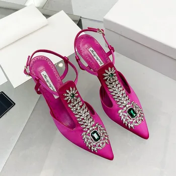 Bayanlar Düğün Ayakkabı Taklidi Sivri Burun Yüksek Topuklu Saten Taş Stiletto Sandalet 2022 Yeni Baotou Peri Pompa Düğün Ayakkabı
