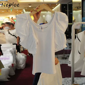 Neploe O Boyun Puf Kollu T Shirt Kadın Düz Renk İnce Tişörtleri Kore Rahat Moda Beyaz Üstleri Kadın Yaz Yeni 2023 1E619