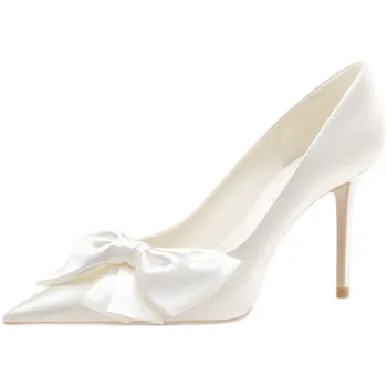 Fransız Beyaz Saten Yüksek Topuklu Düğün Ayakkabı Gelin Yay Tek Ayakkabı Kadın