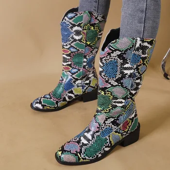 2023 Ayakkabı Kadın Orta Buzağı bayan Botları Yenilik Modern Çizmeler Kadın Baskı Slip-on Artı Boyutu Tıknaz Topuk Kaymaz Bayan Ayakkabıları