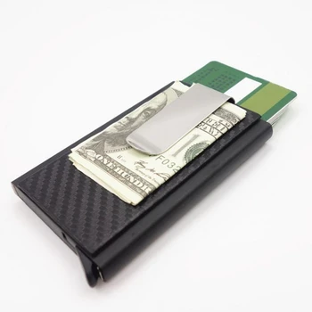 Mini İnce Cüzdan Otomatik Slayt Kartı Durumda Karbon Fiber PU Deri RFID Cüzdan Alüminyum KİMLİK Nakit Kredi kart tutucu Klip