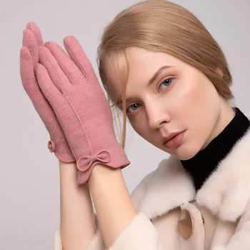 Kış Kadın dokunmatik ekran eldiveni Kadınlar Sıcak Kaşmir Tam Parmak Deri Yay Eldiven Yün Örgü Nakış sürüş eldivenleri E38