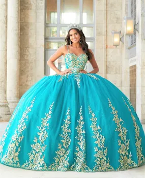 Mavi Charro Quinceanera elbise Balo Spagetti Sapanlar Tül Aplikler Kabarık Meksika Tatlı 16 Elbiseler 15 Anos